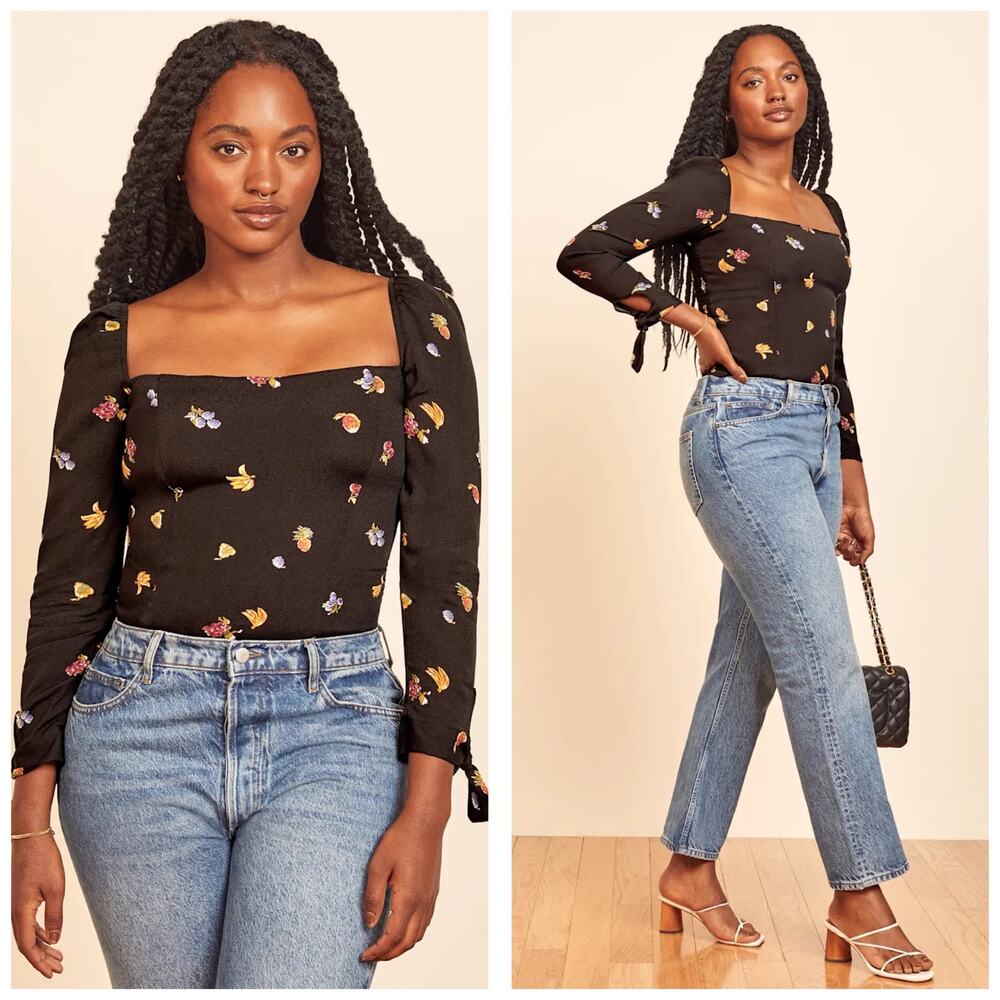 Reformation Ariana Fruit Salad Top Smocked Long Tie Sleeve Black